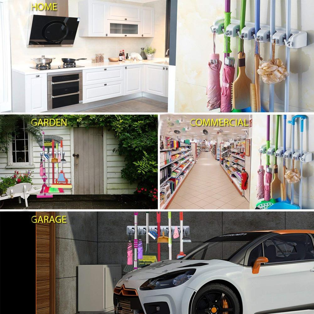 Wall-mounted organizer for mops and brooms. Wall-mounted organizer for mops and brooms.